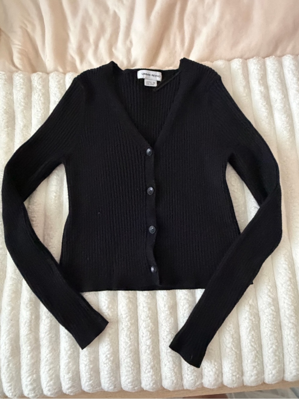 Urban Revivo Black Ribbed V-Neck Button-Front Cardigan